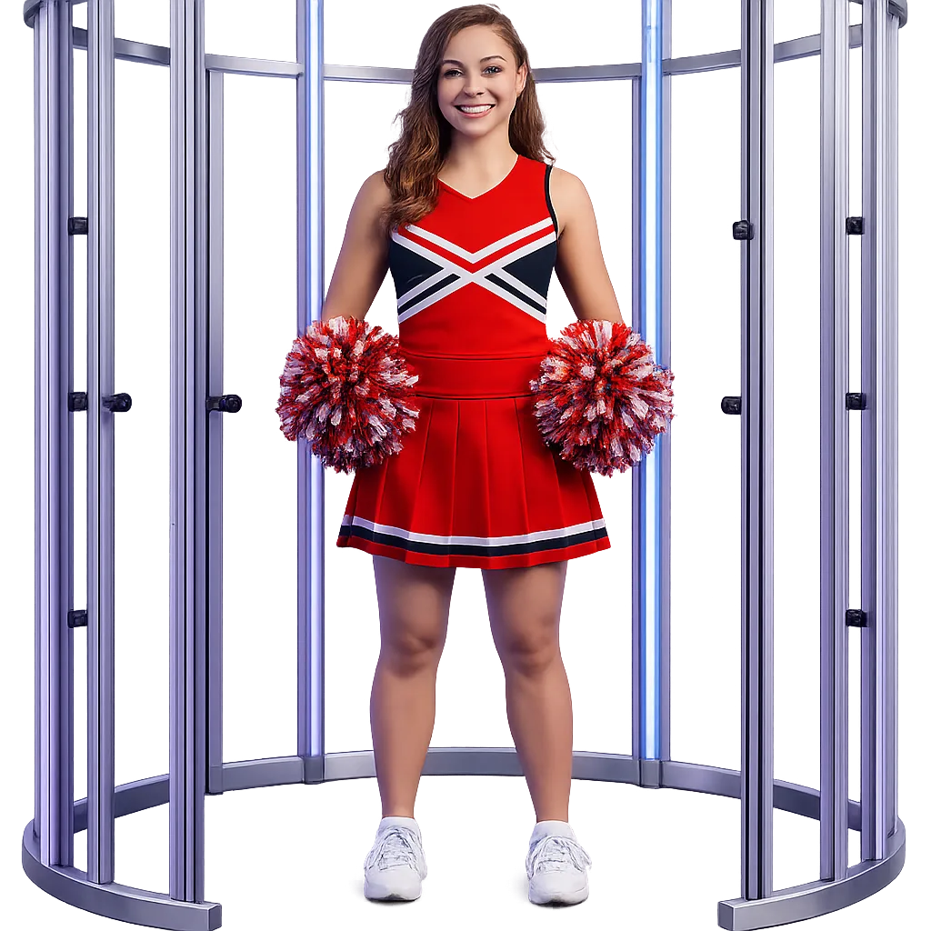 Cheerleader being 3D scanned in the MetaScan station